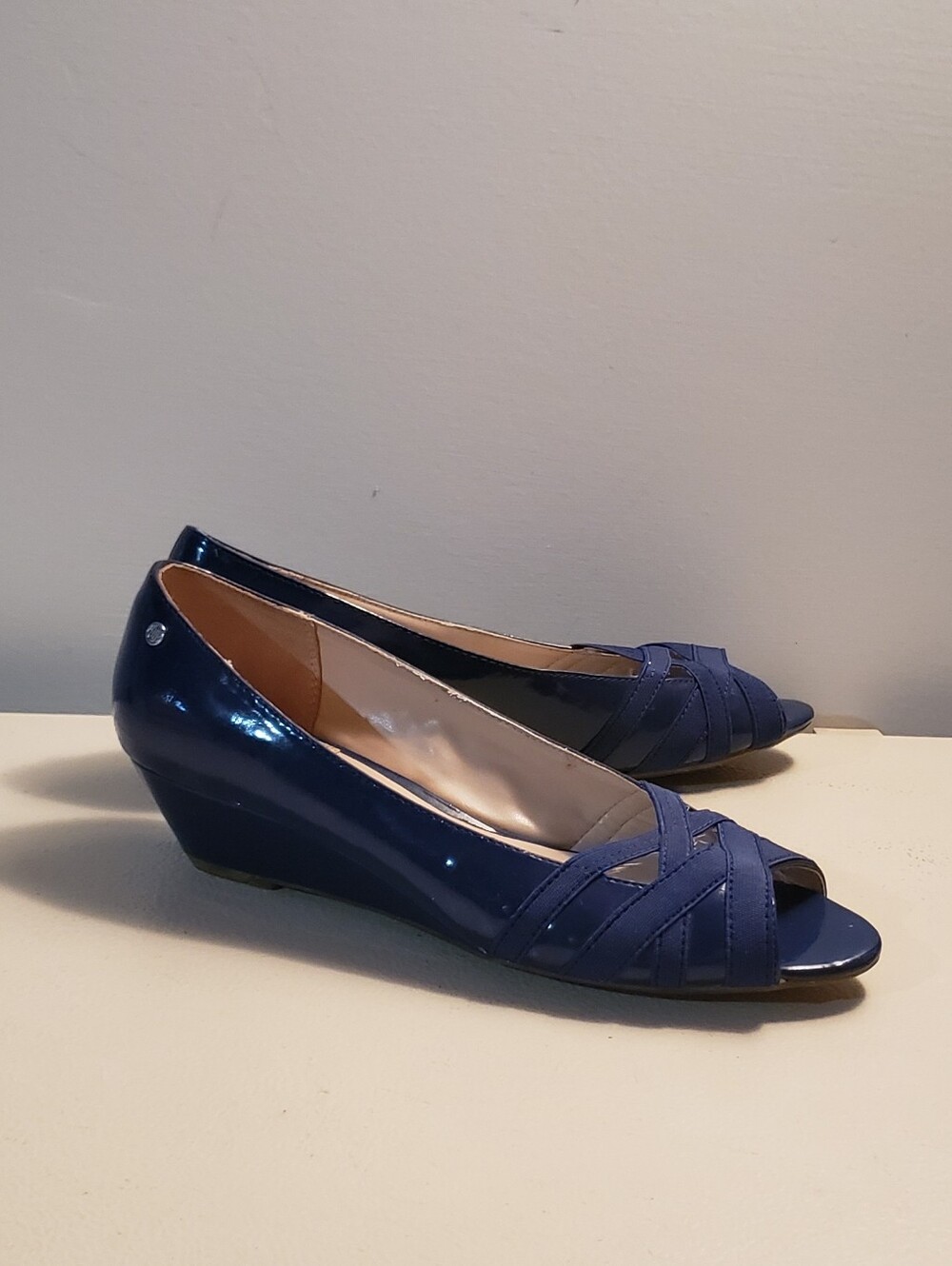 Dana Buchman Navy Peep-Toe Wedge Pumps